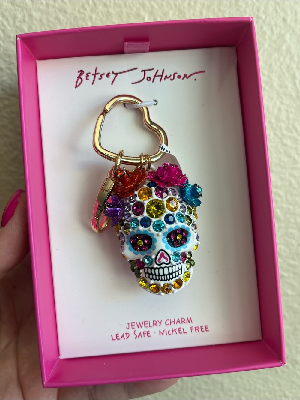 Betsey Johnson Halloween Sugar Skull Keychain with Multicolor Rhinestones